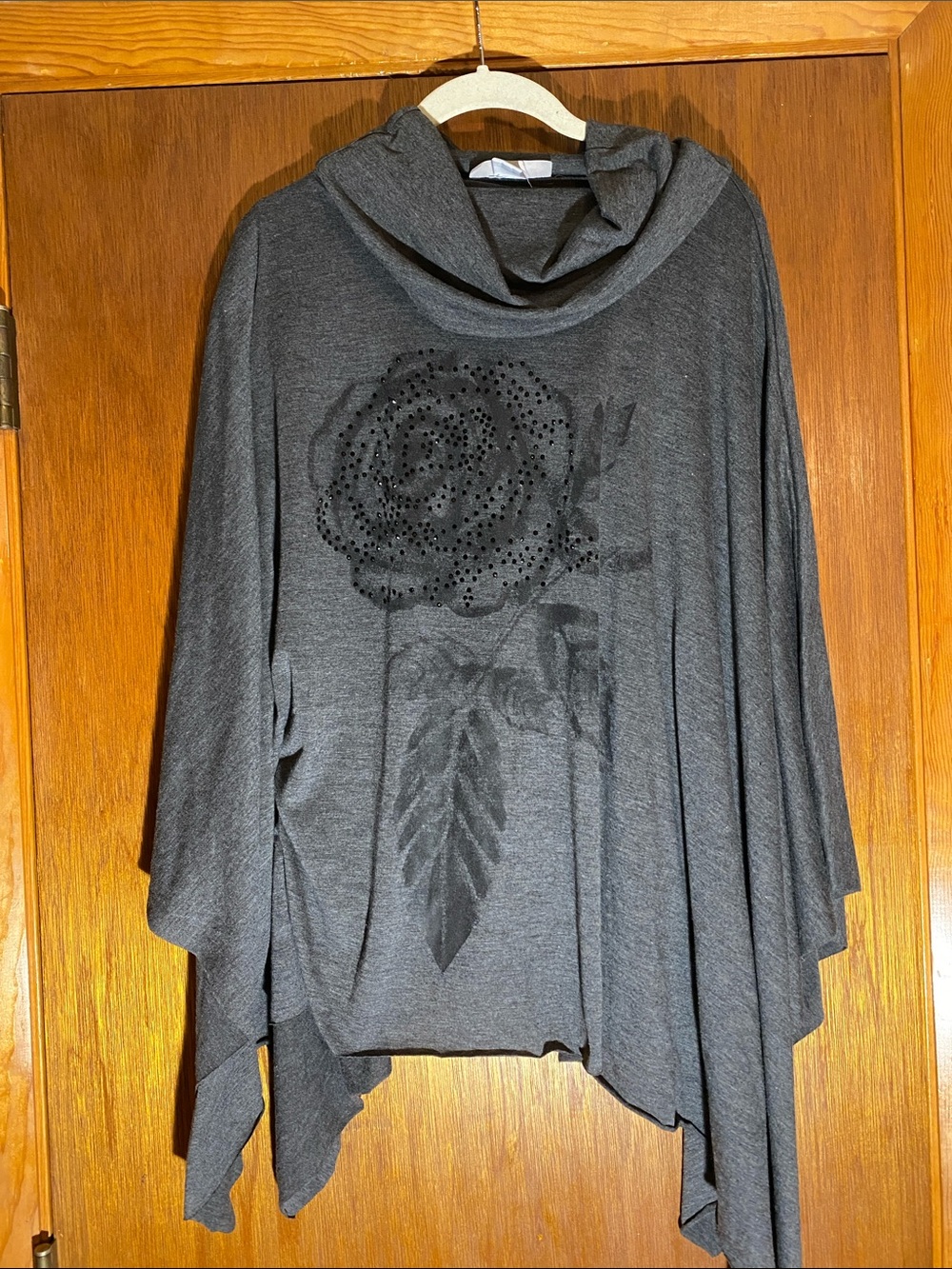 Women's Charcoal Gray Draped Cowl Poncho with Floral Embellishment